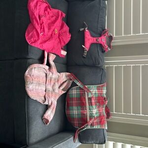 Bundle of three medium sized dog jackets and one adjustible harness
